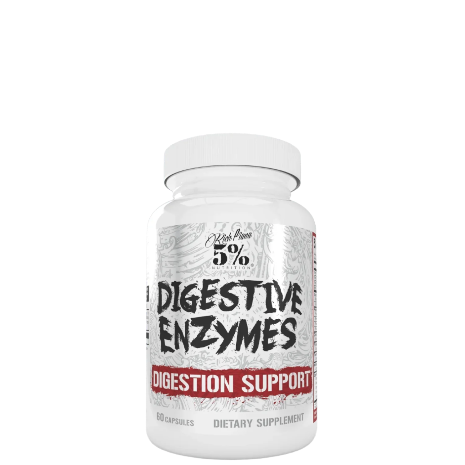 A bottle of dietary supplement labeled 'Digestive Enzymes' by 5% Nutrition.