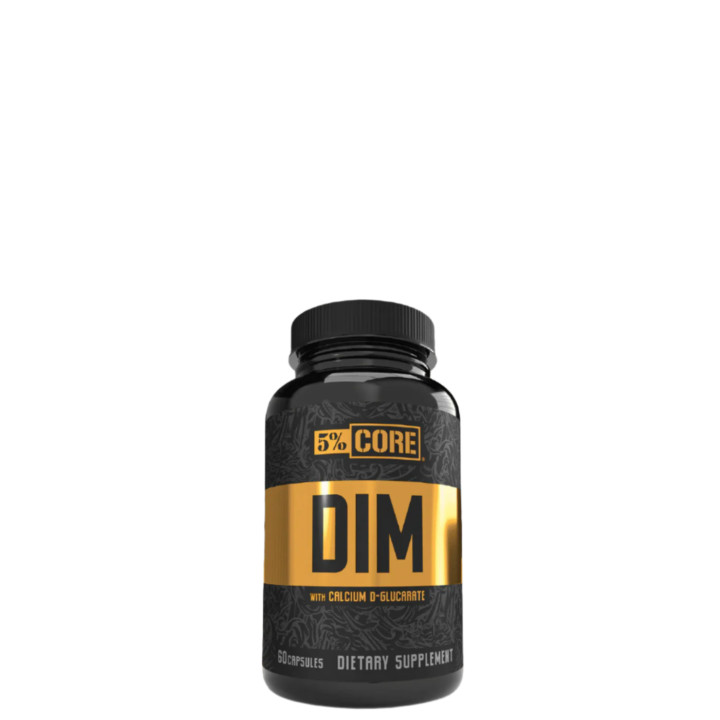 A bottle of 5% Nutrition Core Series DIM dietary supplement with a black and gold label.