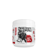 A container of 5% Egg White Crystals protein powder with a graphic of a bodybuilder on the label.