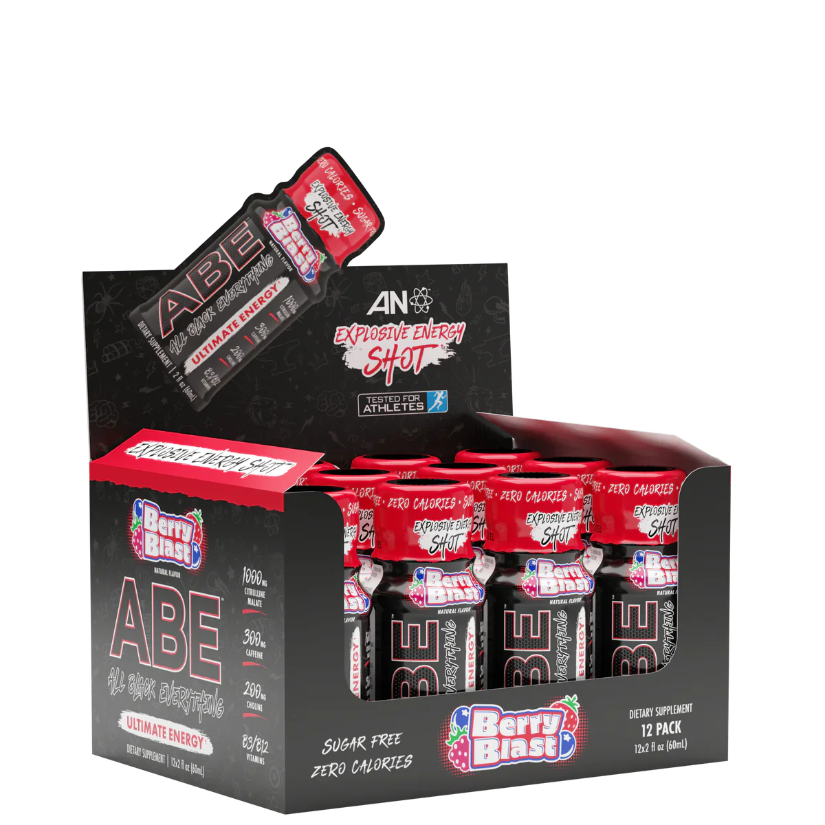 A pack of ABE Ultimate Energy Shots with individual packaging visible inside a box. The packaging is predominantly red and black with white text, and the product is marketed as sugar-free and vegan friendly.