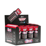 A pack of ABE Ultimate Energy Shots with individual packaging visible inside a box. The packaging is predominantly red and black with white text, and the product is marketed as sugar-free and vegan friendly.