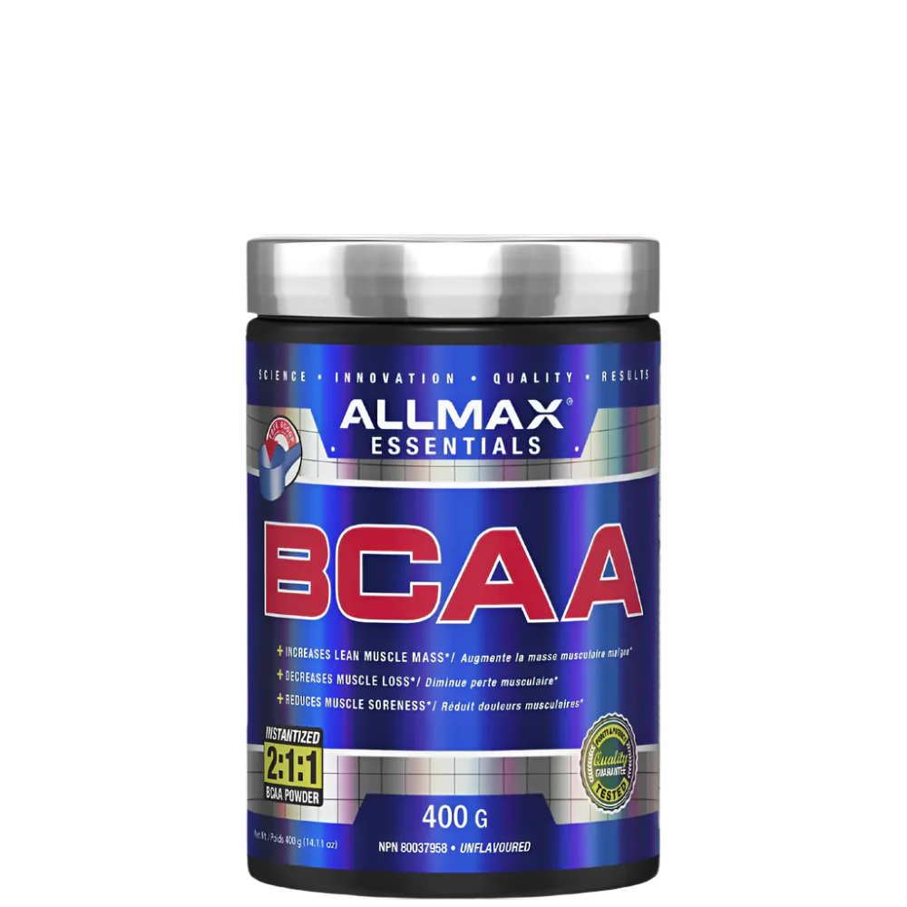 A container of ALLMAX BCAA supplement, primarily blue and white in color with text and branding.