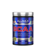 A container of ALLMAX BCAA supplement, primarily blue and white in color with text and branding.