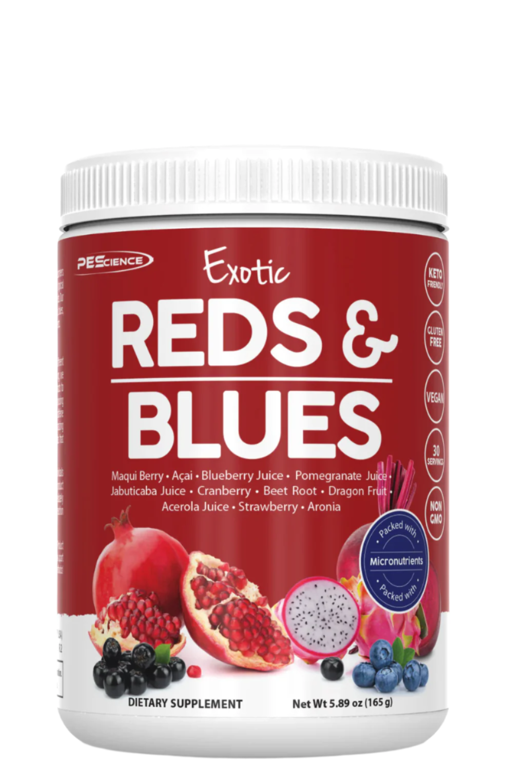 A container of 'Exotic Reds & Blues' health supplement by PEScience, featuring images of various fruits on the label.
