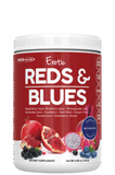 A container of 'Exotic Reds & Blues' health supplement by PEScience, featuring images of various fruits on the label.