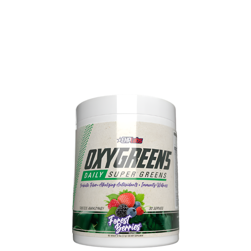 A container of OxyGreens Daily Super Greens Powder with a label showing the product name and images of green vegetables and fruits, indicating it is a healthy wellness supplement.