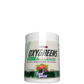 A container of OxyGreens Daily Super Greens Powder with a label showing the product name and images of green vegetables and fruits, indicating it is a healthy wellness supplement.