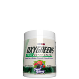 A container of OxyGreens Daily Super Greens Powder with a label showing the product name and images of green vegetables and fruits, indicating it is a healthy wellness supplement.