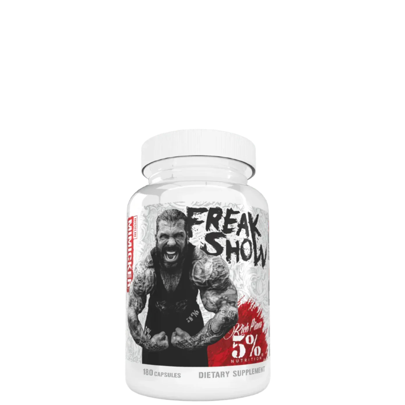 A bottle of Freak Show Insulin Mimicker by Rich Piana 5% Nutrition with a graphic of a muscular person on the label.