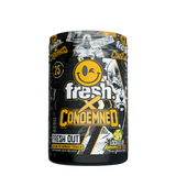 A container of Fresh Out PRE pre-workout supplement with branding from Condemned Labz. The container is black and yellow with graphic elements and text indicating it is a lemon iced tea flavored product.