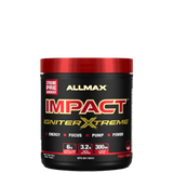 A container of Allmax Impact Igniter Xtreme pre-workout supplement with red and black color scheme and product information.