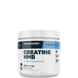 A container of Transparent Labs Creatine HMB supplement with blue and silver label, indicating it is a creatine supplement with 30 servings per container.