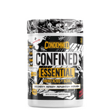A container of CONFINED EAA + BCAA Regular, with a graphic design that includes text and illustrations related to the product's benefits and contents.