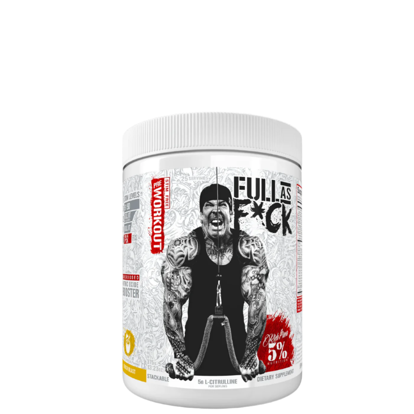 A container of 'Full As F*ck Nitric Oxide Booster & Non-Stim Pre-Workout' supplement with a graphic of a muscular person on the label.