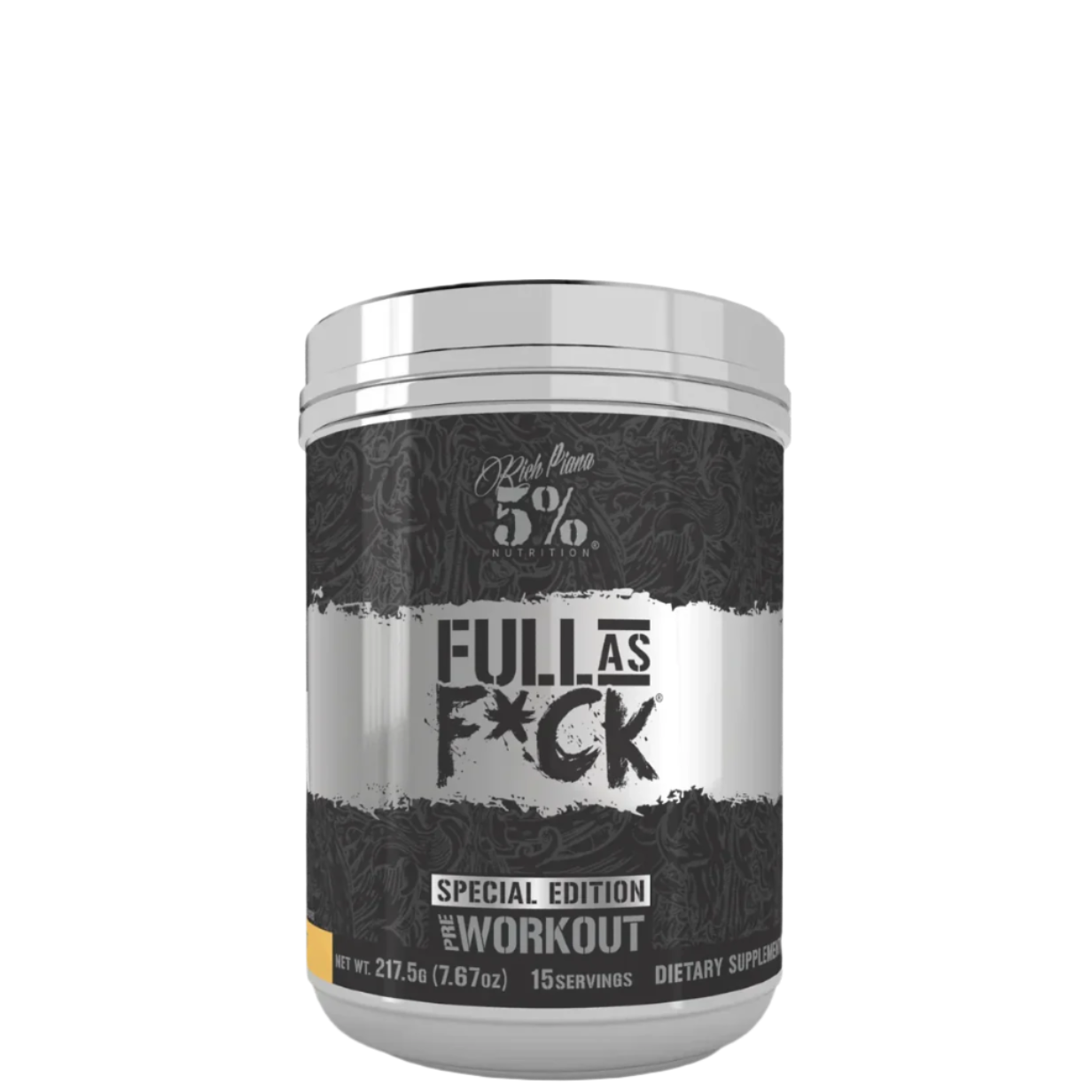 A container of Full As F*ck Nitric Oxide Booster with a label that has the product name and the phrase 'Special Edition Workout'.