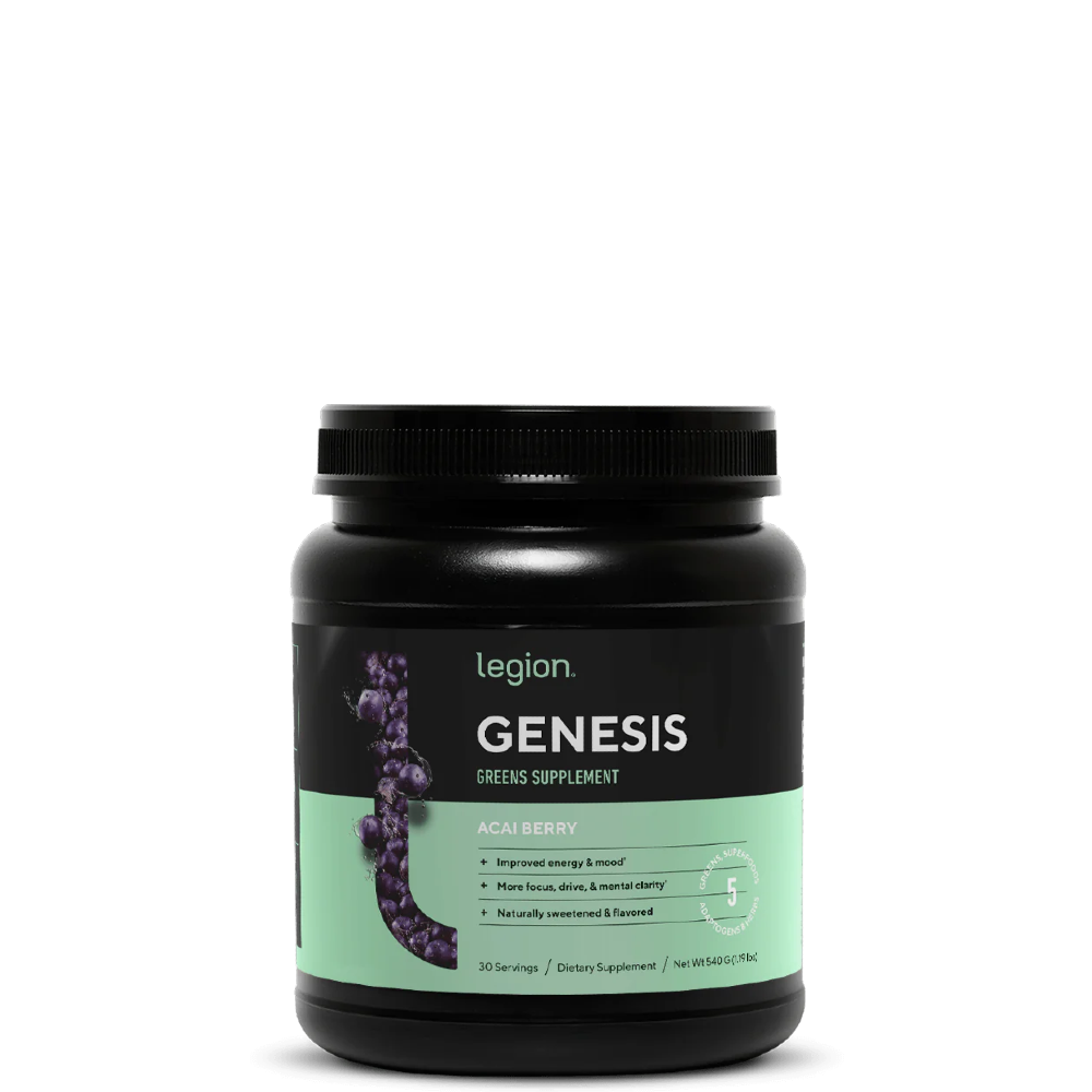 A container of Genesis Greens Supplement with a black and green label, branded by Legion Athletics.