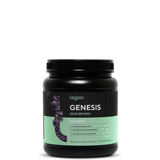 A container of Genesis Greens Supplement with a black and green label, branded by Legion Athletics.