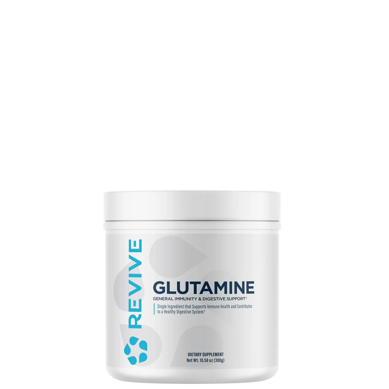 A container of Revive Glutamine, which is a natural supplement designed to support muscle recovery, immune function, and gut health.