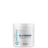 A container of Revive Glutamine, which is a natural supplement designed to support muscle recovery, immune function, and gut health.