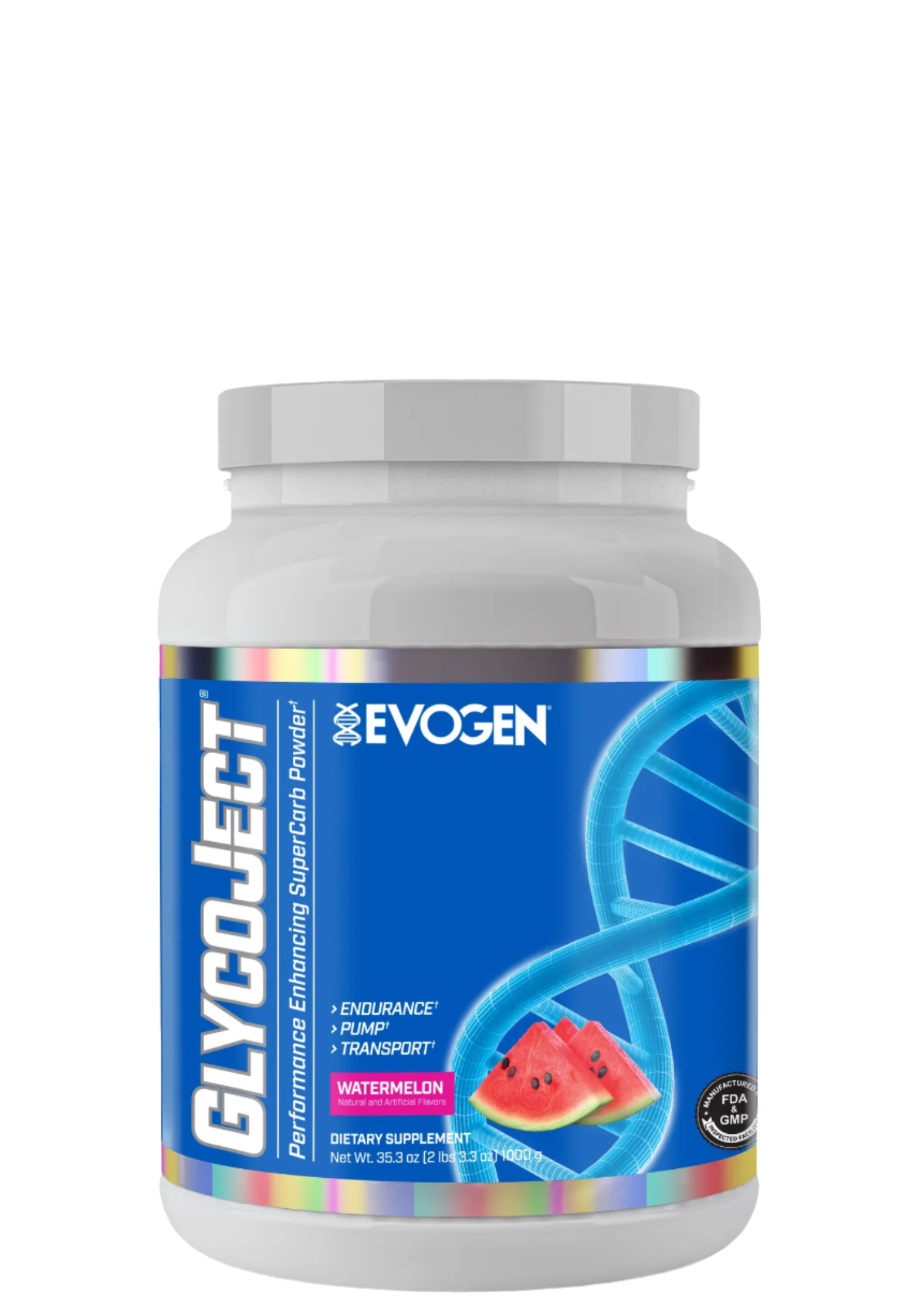A container of GlycoJect Super Carb by Evogen Nutrition with a watermelon slice image on the label.
