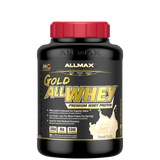 A container of ALLMAX Gold AllWhey premium whey protein powder with a red cap and a label showing the product name and flavors such as Chocolate, Cookies & Cream, and Strawberry.