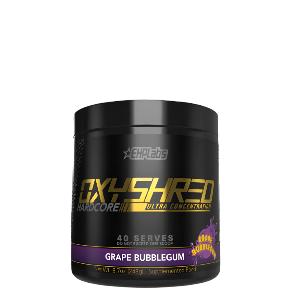 Container of OxyShred Hardcore pre-workout supplement in Grape Bubblegum flavor