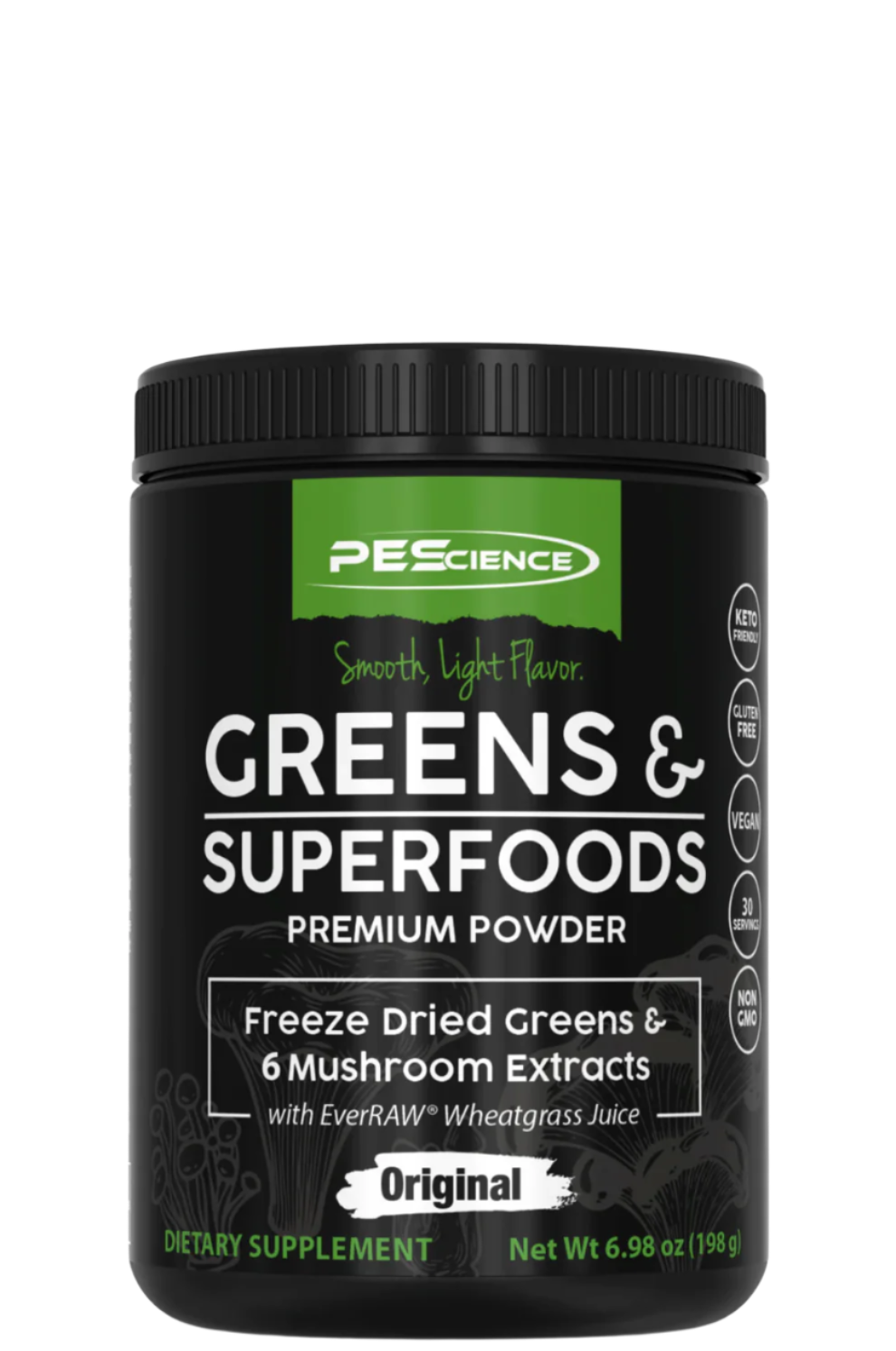 A container of PEScience Greens & Superfoods powder with the label showing various freeze-dried greens and mushroom extracts.
