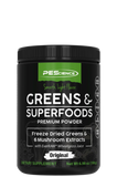 A container of PEScience Greens & Superfoods powder with the label showing various freeze-dried greens and mushroom extracts.