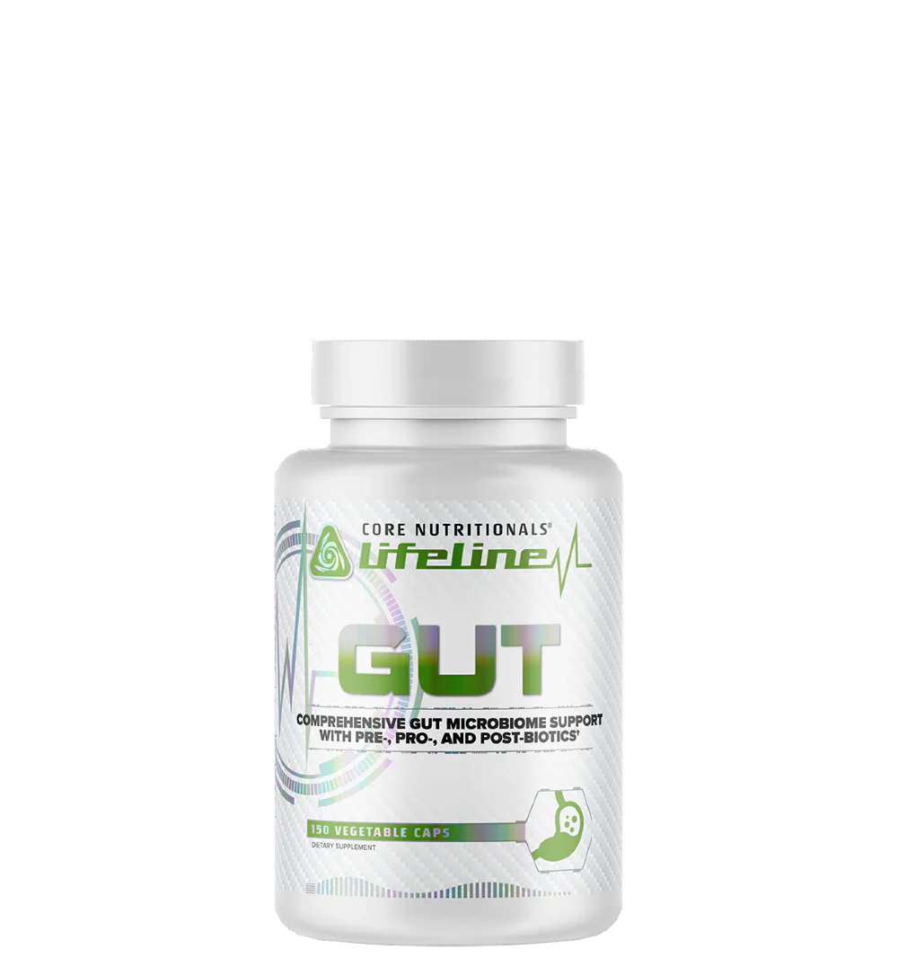 A bottle of 'GUT - Gut Microbiome Support' supplement by Core Nutritionals, with a white label and green accents.