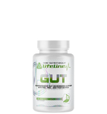 A bottle of 'GUT - Gut Microbiome Support' supplement by Core Nutritionals, with a white label and green accents.