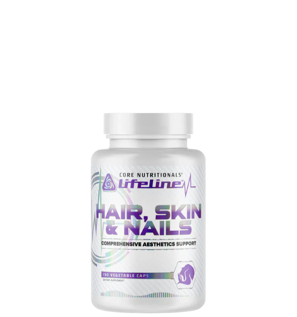A bottle of Core Nutritionals Lifeline Hair, Skin & Nails supplement with a white and purple label.