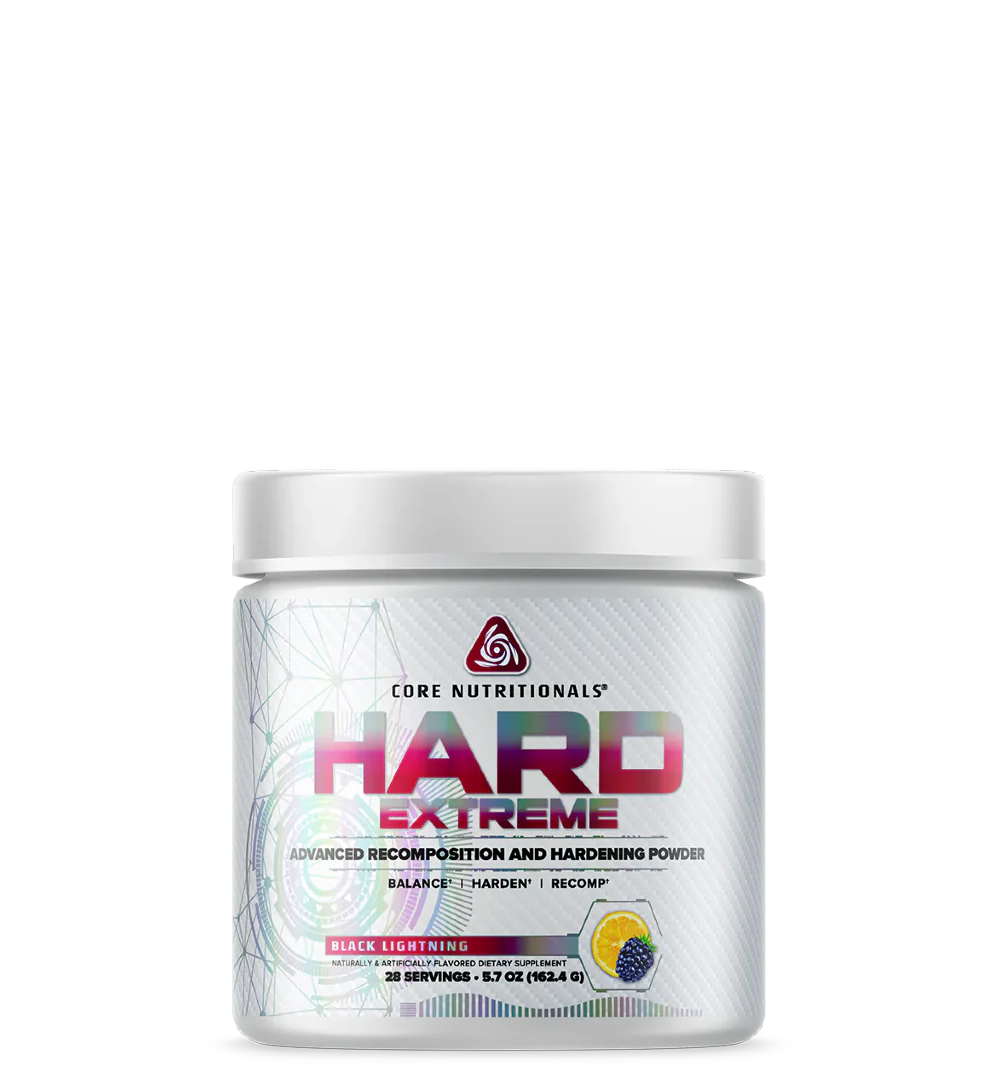 A container of Core Nutritionals' HARD Extreme recomposition powder with a white and silver color scheme and branding on the label.
