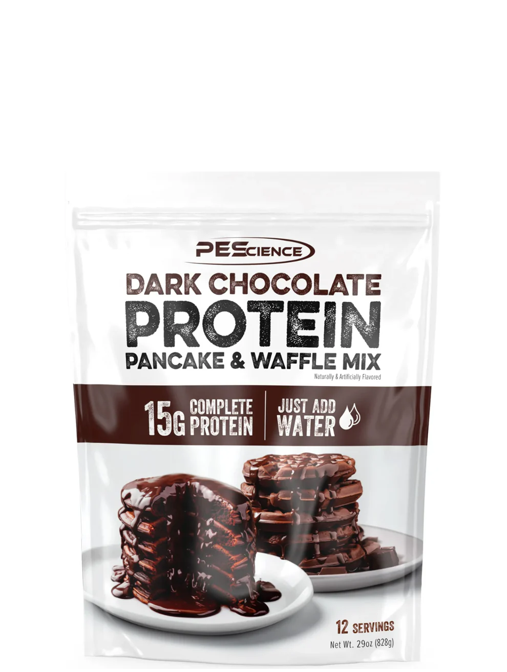 A package of PEScience Dark Chocolate Protein Pancake & Waffle Mix with a picture showing a stack of chocolate pancakes with syrup on top.