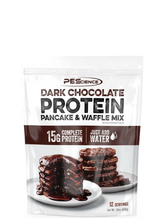 A package of PEScience Dark Chocolate Protein Pancake & Waffle Mix with a picture showing a stack of chocolate pancakes with syrup on top.