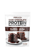 A package of PEScience Dark Chocolate Protein Pancake & Waffle Mix with a picture showing a stack of chocolate pancakes with syrup on top.