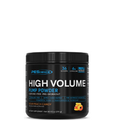 A container of PEScience High Volume Pump Powder in sour peach candy flavor, which is a caffeine-free pre-workout supplement.