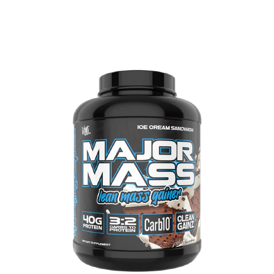 A container of VMI Sports Major Mass Lean Mass Gainer in ice cream sandwich flavor, highlighting its features such as high protein and low carb content.