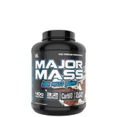 A container of VMI Sports Major Mass Lean Mass Gainer in ice cream sandwich flavor, highlighting its features such as high protein and low carb content.