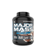 A container of VMI Sports Major Mass Lean Mass Gainer in ice cream sandwich flavor, highlighting its features such as high protein and low carb content.
