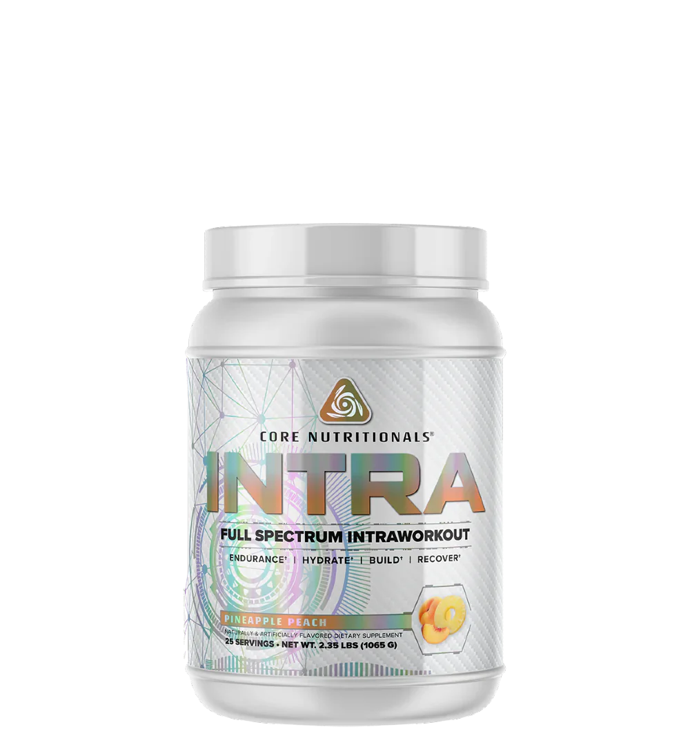 A container of Core Nutritionals INTRA Full Spectrum Intraworkout supplement, with a white background.