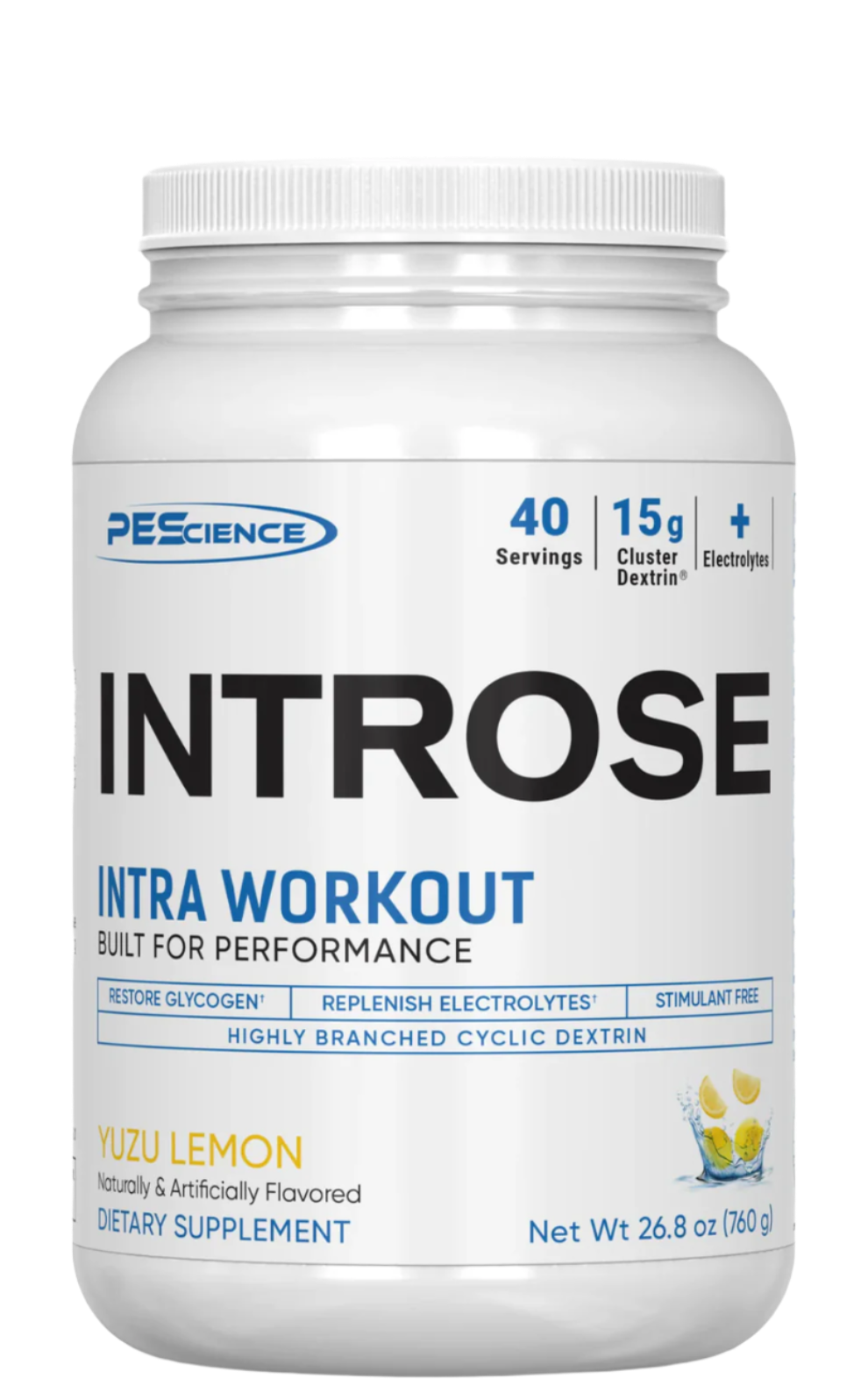 A container of Introse intra workout carbohydrate supplement by PEScience with flavor lemon and electrolytes, containing 40 servings.