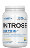 A container of Introse intra workout carbohydrate supplement by PEScience with flavor lemon and electrolytes, containing 40 servings.