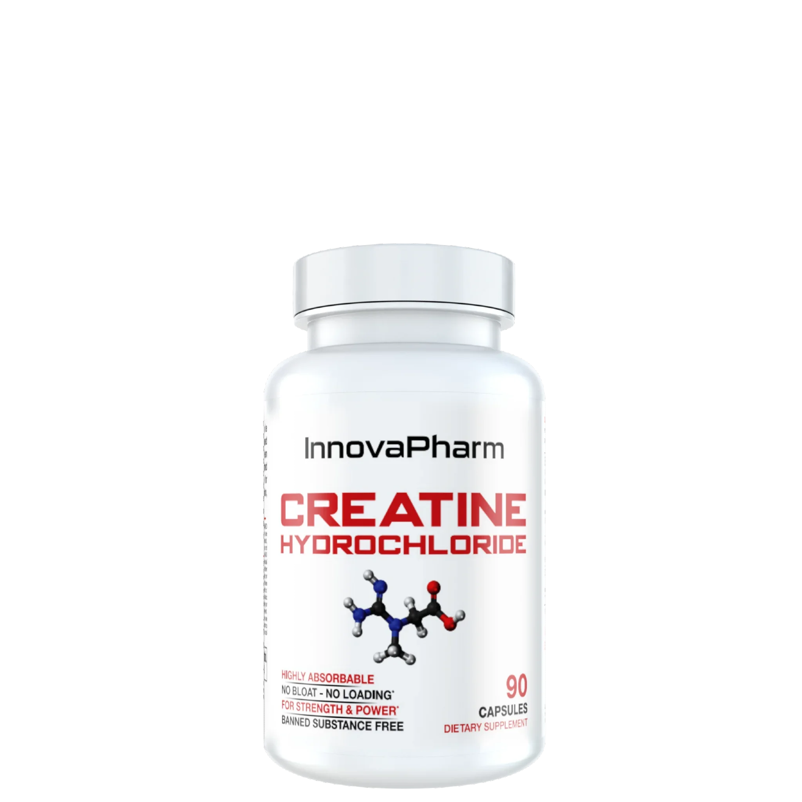 A bottle of Creatine Hydrochloride supplement by InnovaPharm with 90 capsules.