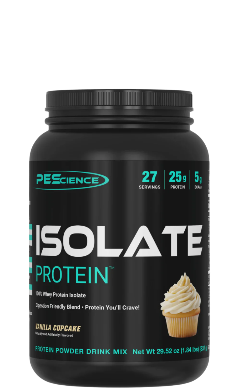 This image features a container of PEScience ISOLATE Protein, prominently labeled as a "100% Whey Protein Isolate." The product is presented in a sleek, black container with green and white text, highlighting its high protein content of 25g per serving and minimal nutritional additives, boasting only 2g of carbs and 1g of fat.