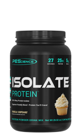 This image features a container of PEScience ISOLATE Protein, prominently labeled as a "100% Whey Protein Isolate." The product is presented in a sleek, black container with green and white text, highlighting its high protein content of 25g per serving and minimal nutritional additives, boasting only 2g of carbs and 1g of fat.
