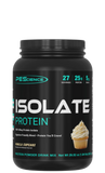 This image features a container of PEScience ISOLATE Protein, prominently labeled as a "100% Whey Protein Isolate." The product is presented in a sleek, black container with green and white text, highlighting its high protein content of 25g per serving and minimal nutritional additives, boasting only 2g of carbs and 1g of fat.