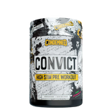 A container of Convict High Stim Pre-Workout by Condemned Labz with a black and white design and the product name prominently displayed.