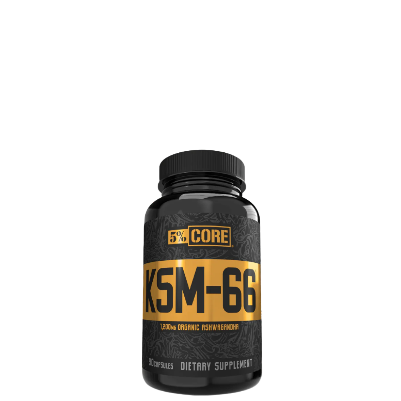 A black bottle with a yellow label that reads 'KSM-66', branded by 5% CORE, containing 1,200 mg organic Ashwagandha extract.