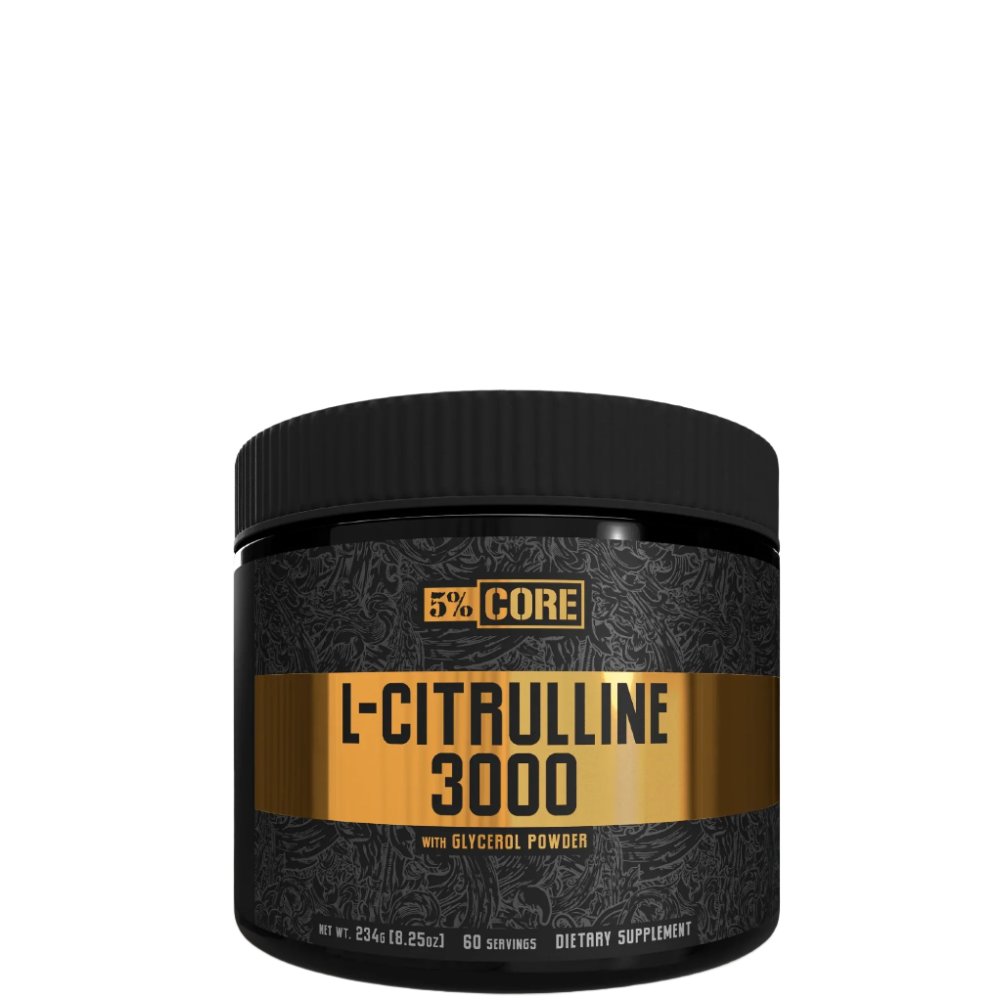 A container of 5% Nutrition L-Citrulline 3000 with a black and gold label.