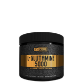 A container of L-Glutamine 5000 supplement powder with branding and product information on the label.